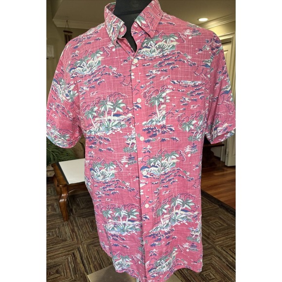 Izod Saltwater Hawaiian Shirt Men's XXL Pink Floral Palm Tree Beach 100% Cotton - Picture 2 of 5
